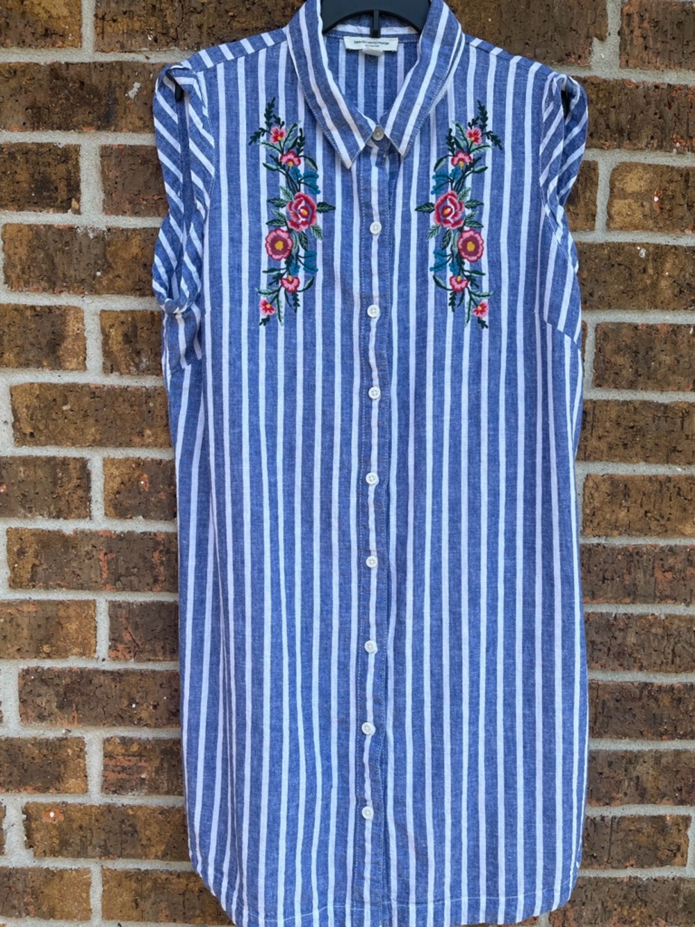 BeachLunchLounge Blue White Stripe Embroidery Short Sleeve Dress Coverup Sz L